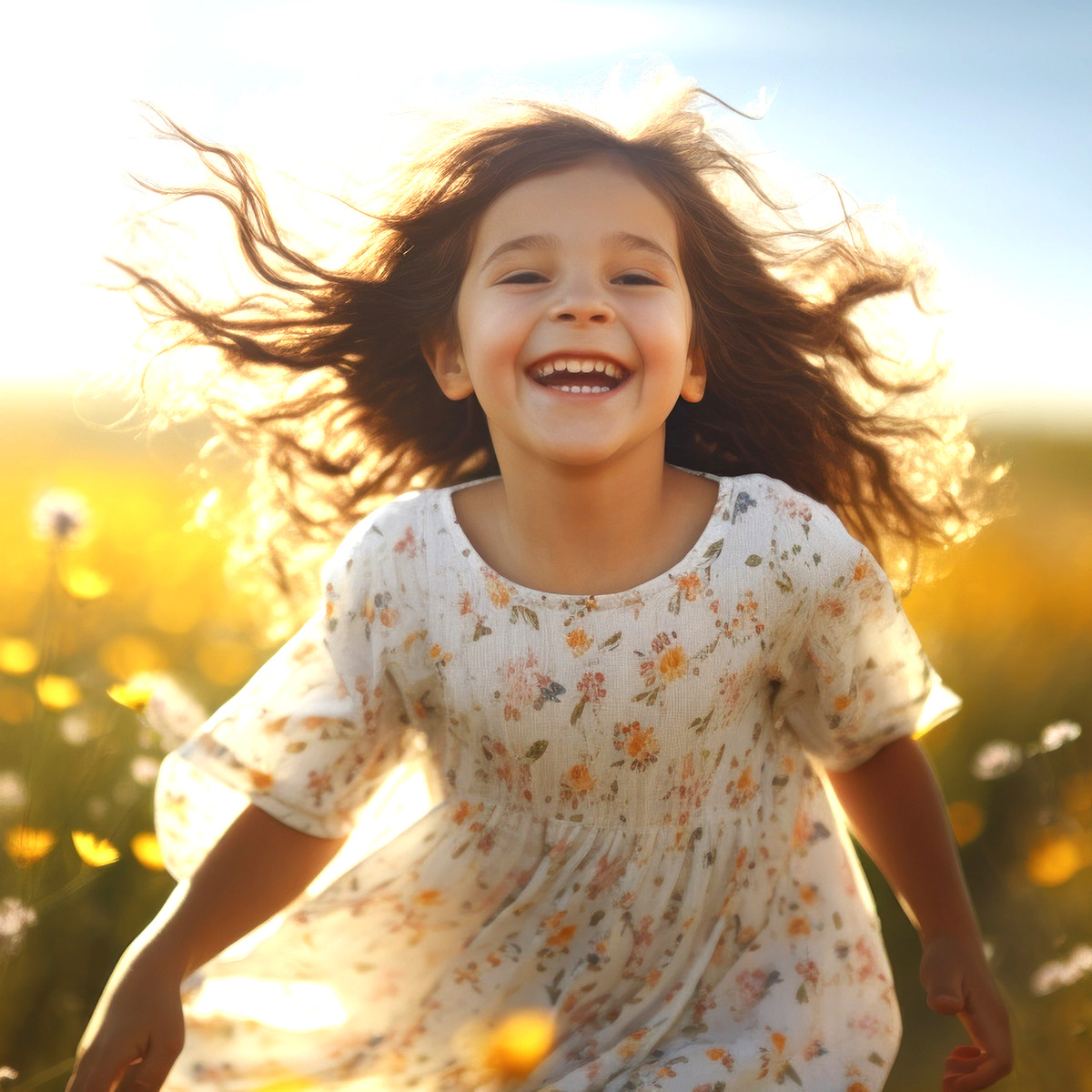 Happy little girl running in field of yellow flowers