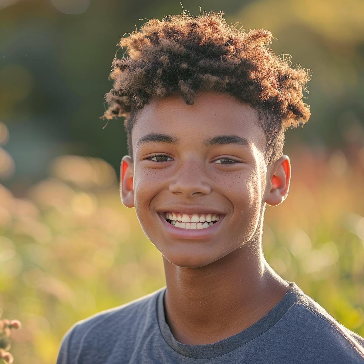 Happy 15 years old teenage boy portrait in middle of beautiful nature of a field with copy space